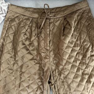 Anthropologie Flat White Quilted Satin Pants Olive/Tan